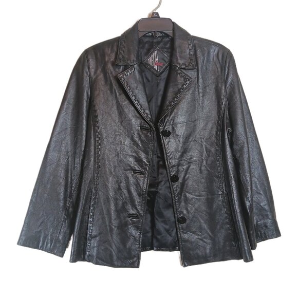 Tiboa Leathers Blazer Womens Medium Petite Black 100% Leather Woven Trim Jacket - Picture 1 of 10